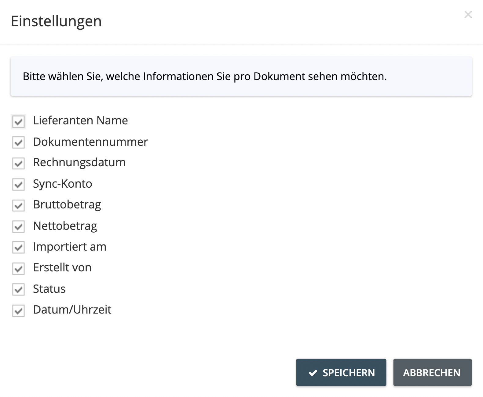 Finestra delle impostazioni con caratteristiche dei documenti selezionabili