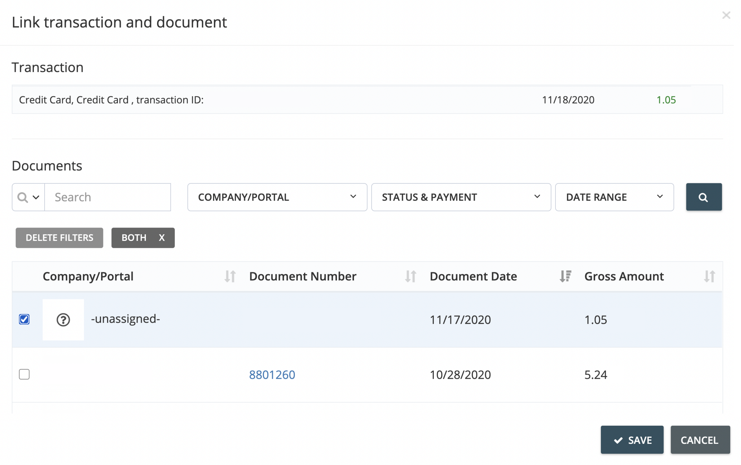 Step 4. Scroll through the list on the Link Transaction and Document window to locate the corresponding invoice you want to reconcile. You