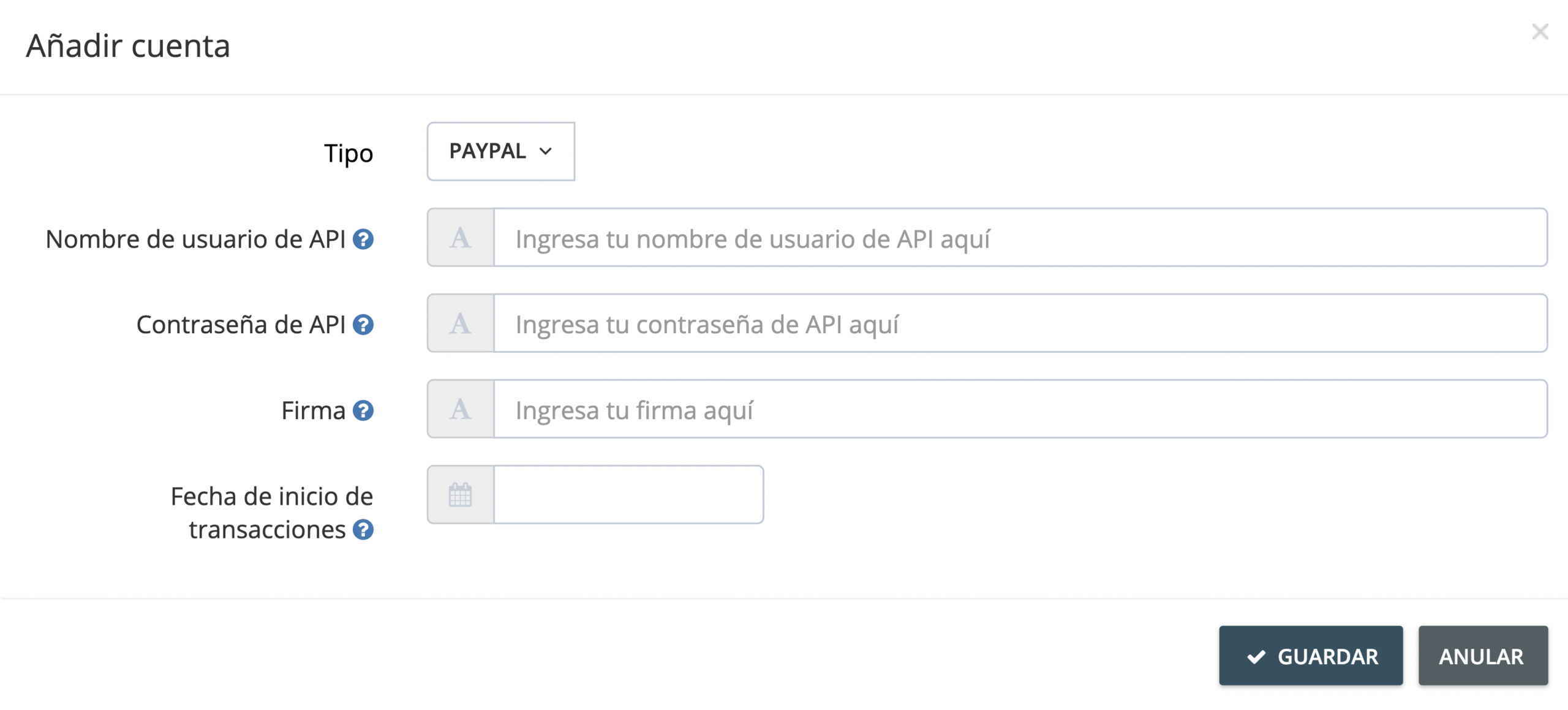 Paso 4. Rellena los campos obligatorios utilizando tus credenciales de firma de API de PayPal. Lee el Artículo del Centro de Ayuda de