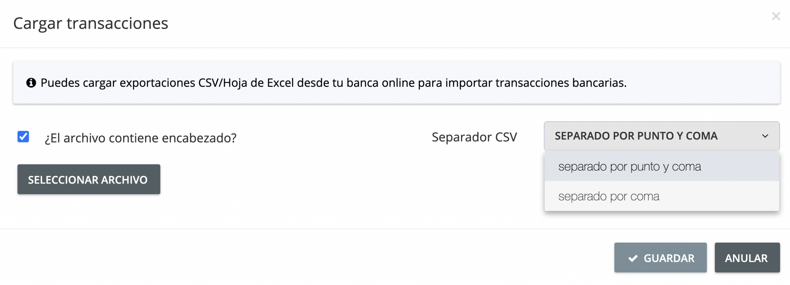 Paso 5. Haz clic en Seleccionar archivo en la ventana Cargar Transacciones y busca el archivo Excel / CSV en tu ordenador. - ¿Cómo vinculo