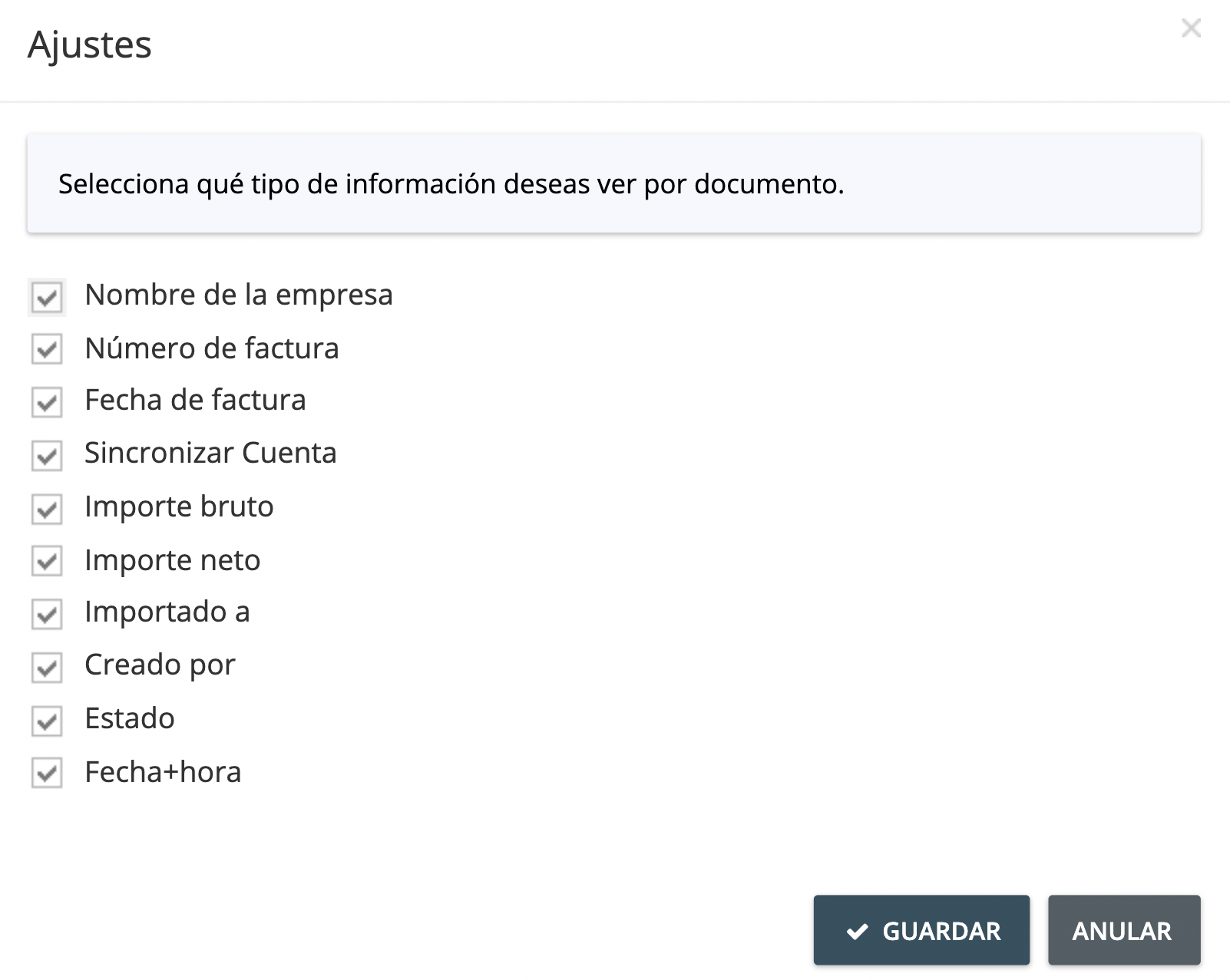 Paso 3. En la ventana de Configuración, marca la casilla junto a la propiedad del documento que deseas que se muestre en la página