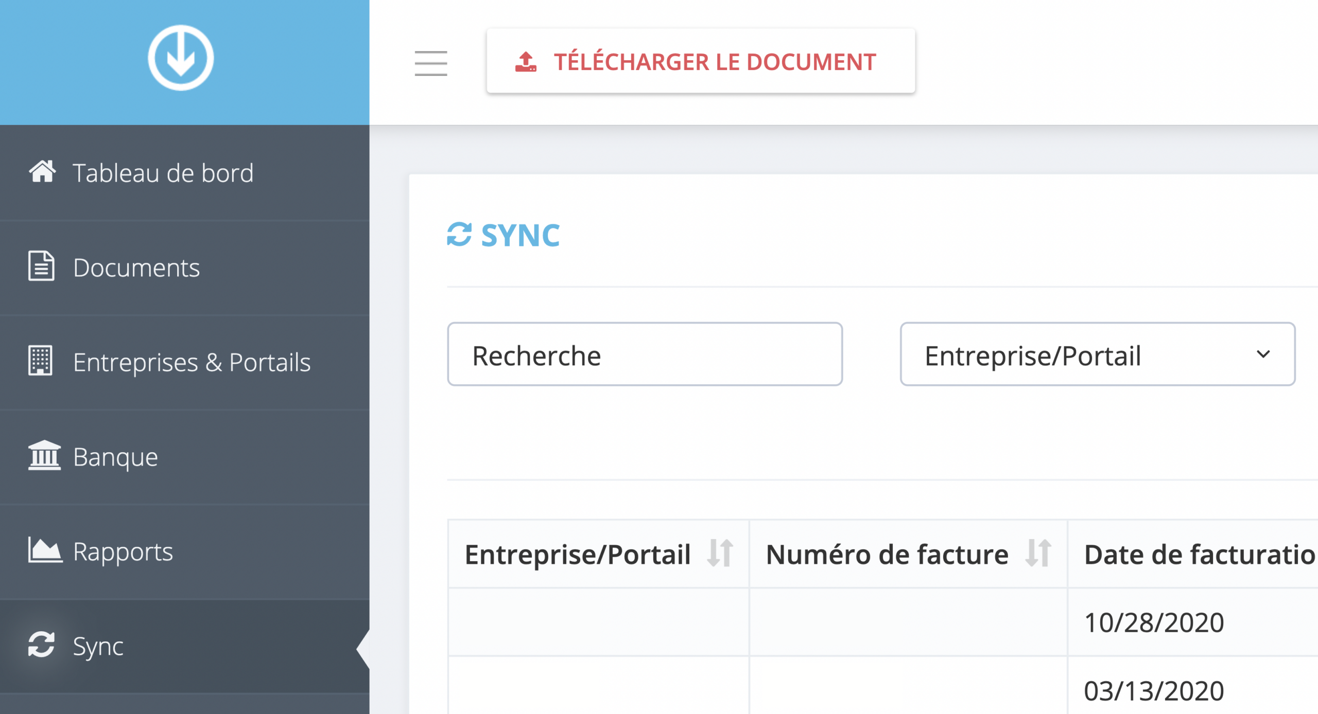 Étape 1. Dans le tableau de bord de GetMyInvoices, cliquez sur Sync dans le menu à gauche. - Comment gérer mes comptes synchronisés ?