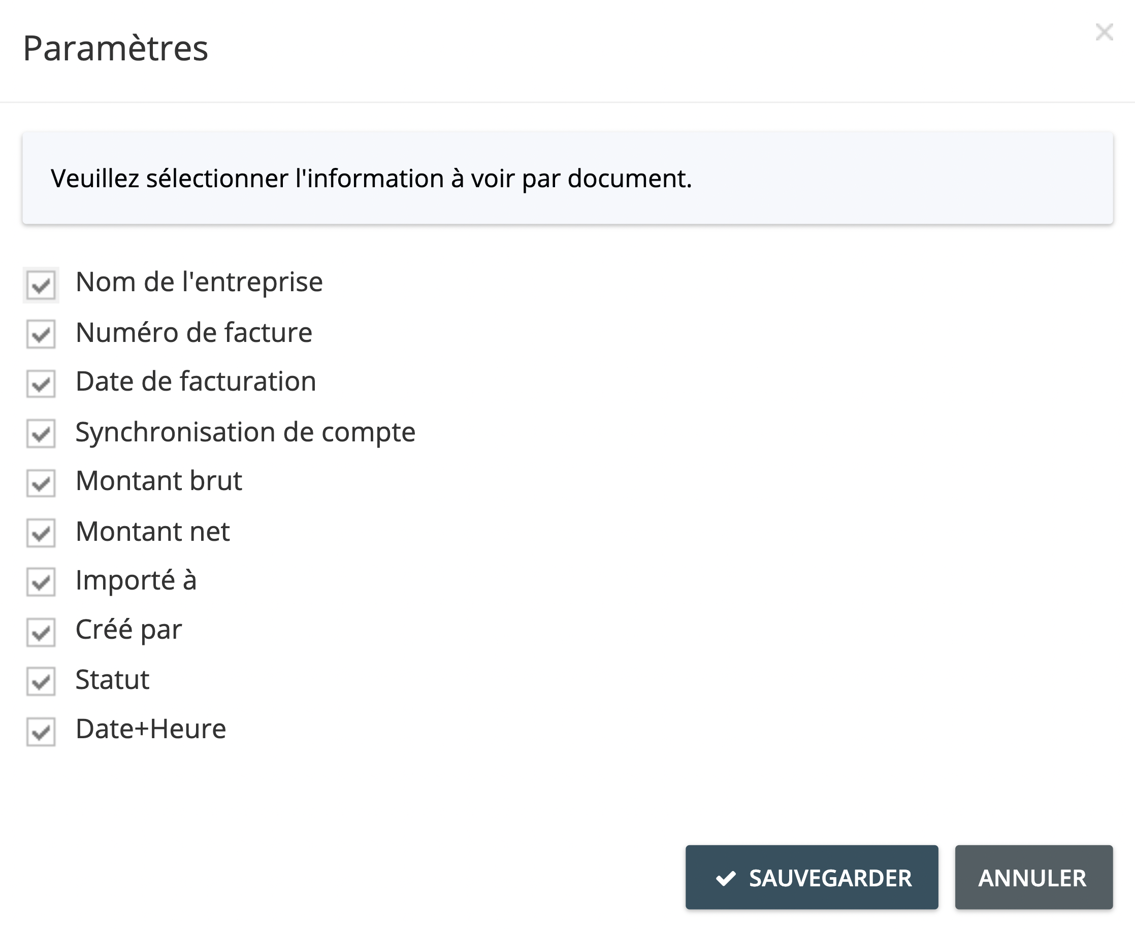 Étape 3. Dans la fenêtre Paramètres, cochez la case près de l’attribut du document que vous voulez voir apparaitre dans la page