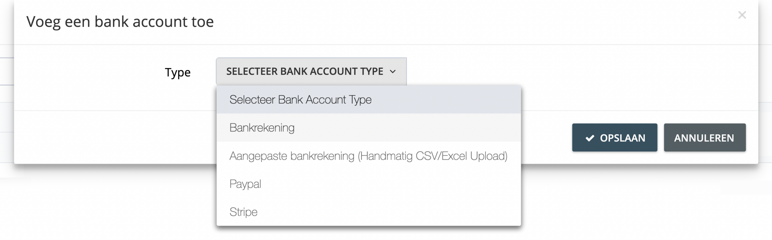 Stap 3. Klik op de drop-down selectie menu in het scherm van ‘Bank accout toevoegen’. Kies hier ‘Bank Account’. - Hoe verbind ik mijn bank