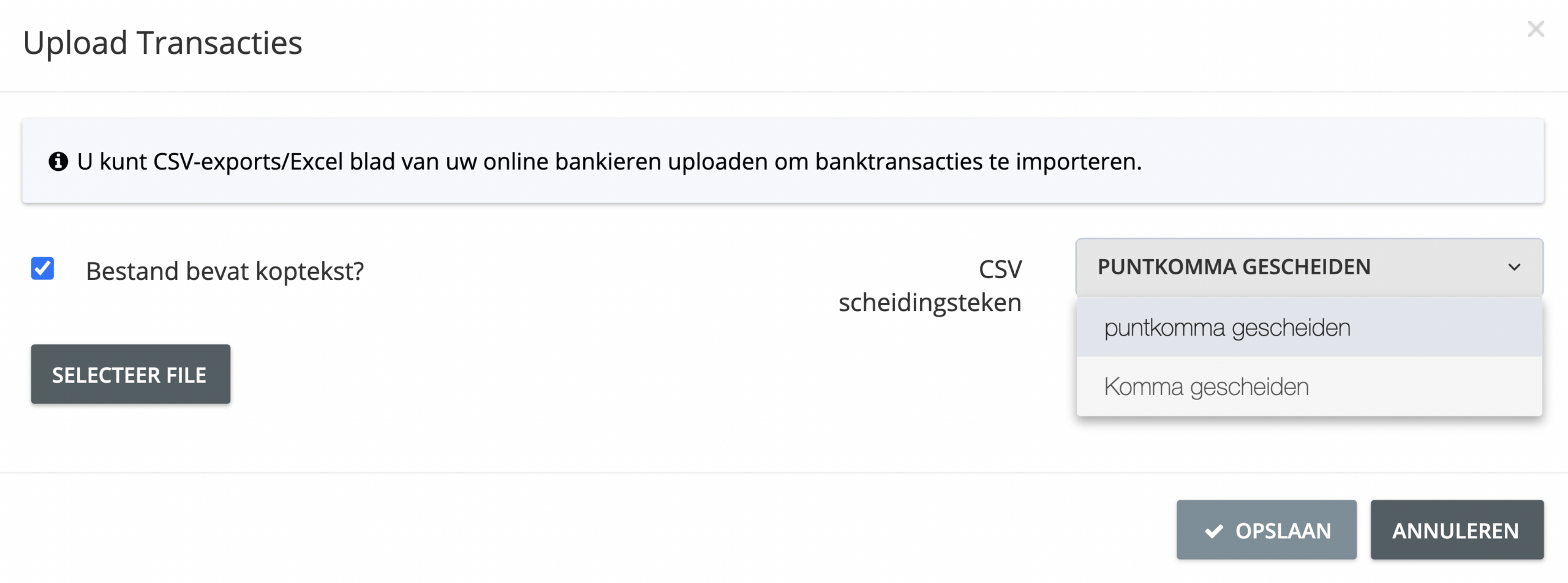 Stap 5. Klik op ‘Bestand selecteren’ in het venster ‘Transacties uploaden’ en zoek het Excel- / CSV-bestand op uw computer. - Hoe verbind