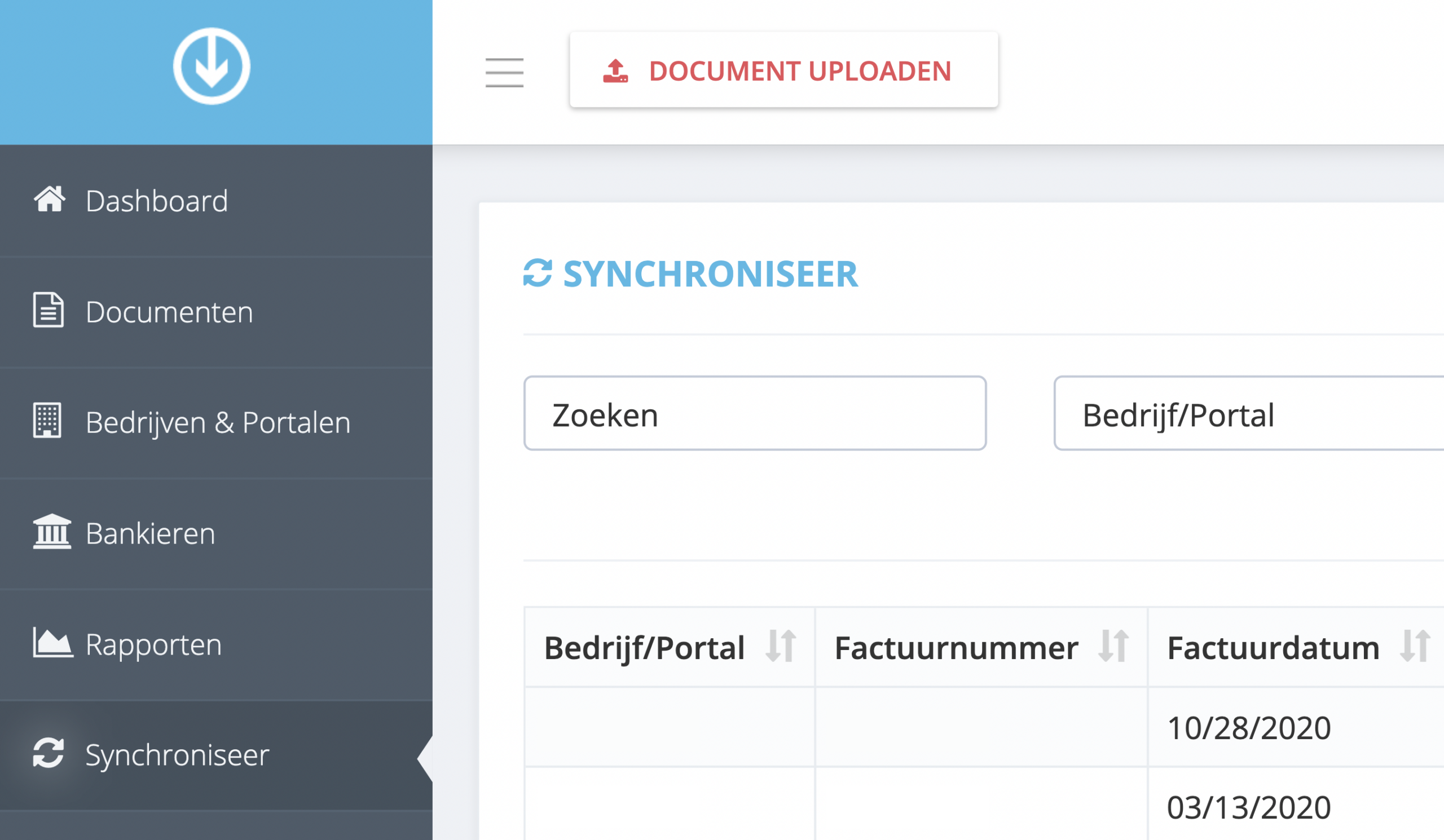 Stap 1. Klik in het dashboard van GetMyInvoices op ‘Synchroniseer’ in het menu aan de linkerzijde. - Waar controleer ik gesynchroniseerde