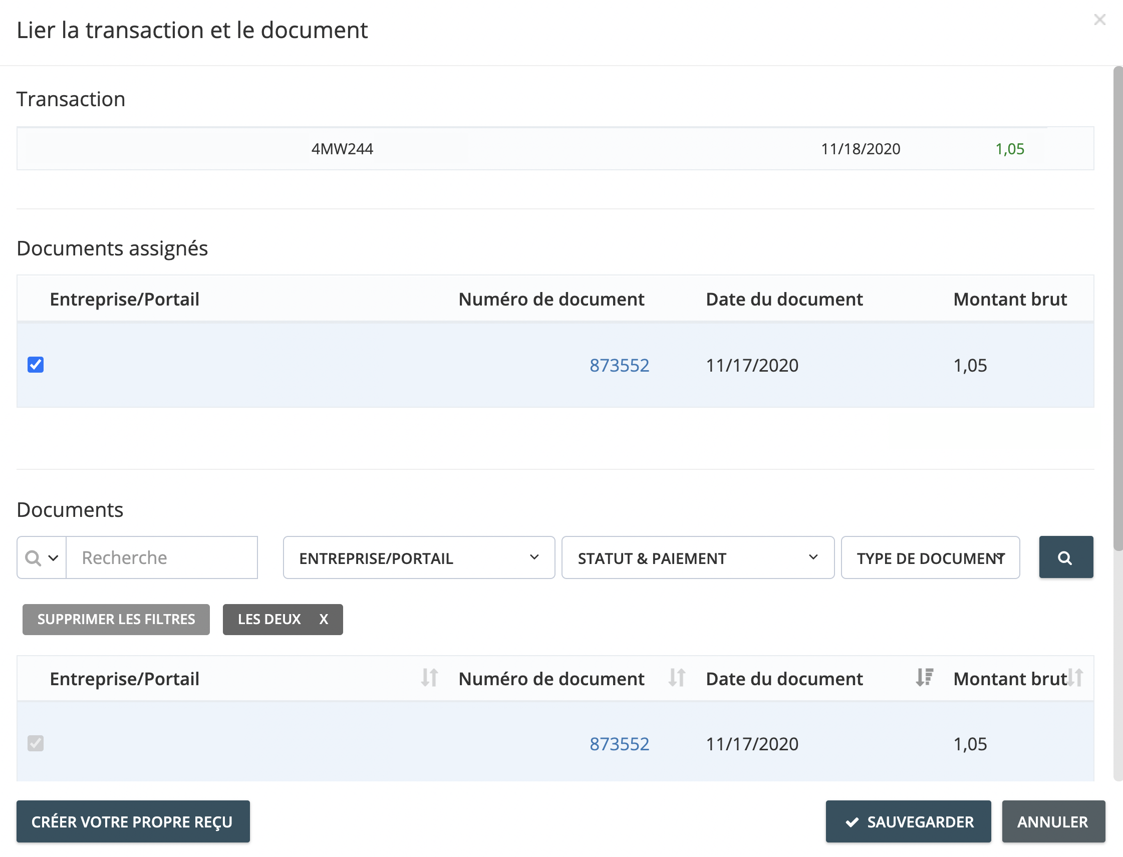 Etape 4. Parcourez la liste dans la fenêtre Lier une transaction et un document pour localiser la facture correspondante à rapprocher. Vous