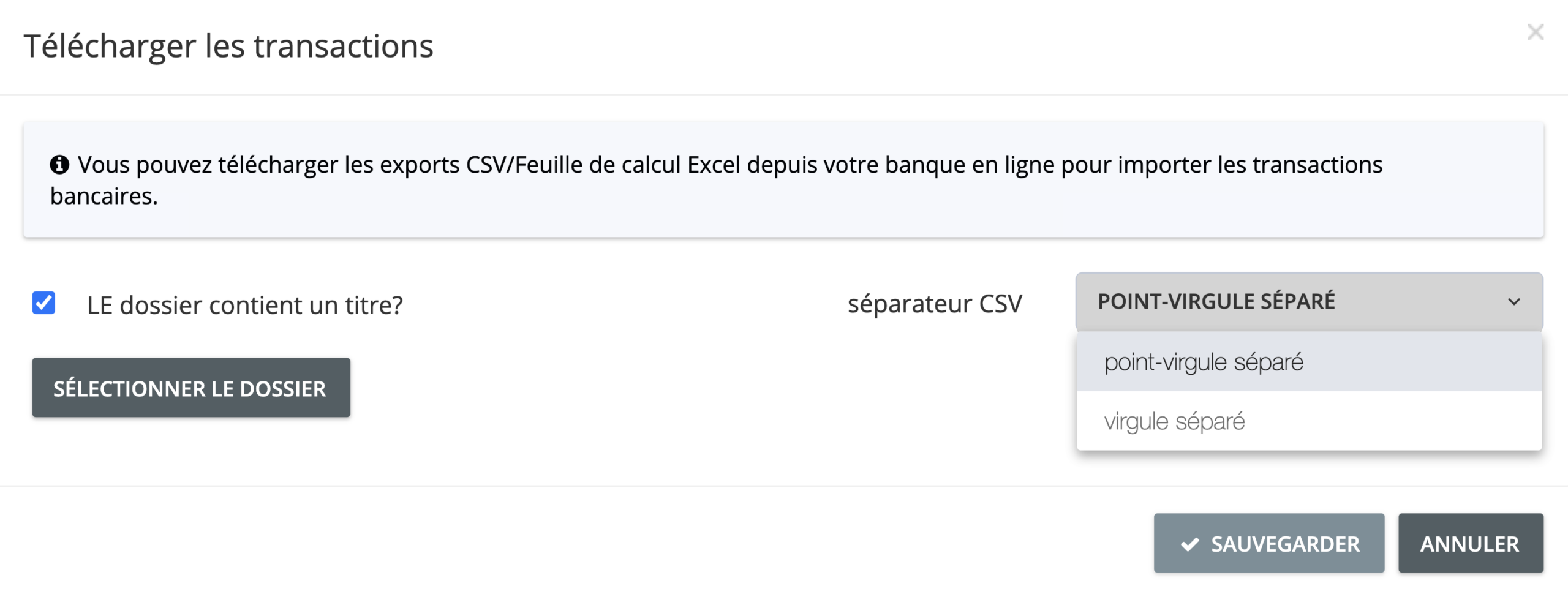 Etape 5. Dans la fenêtre de Chargement des transactions, cliquez sur Sélectionner le dossier et localiser le dossier CSV dans votre