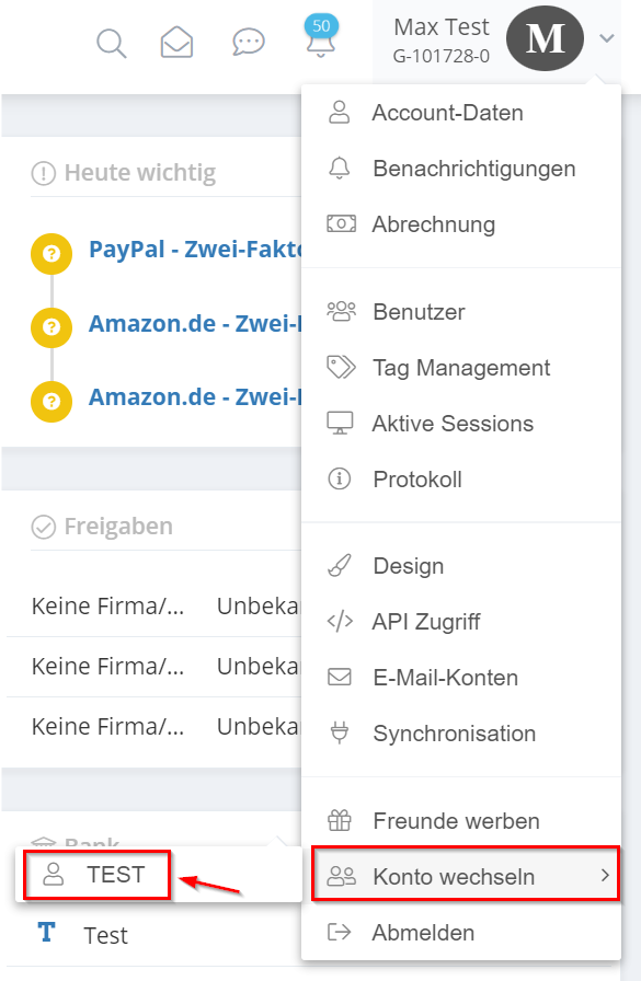 Menu sotto il nome dell’account con l’opzione «Cambia account» e gli account collegati