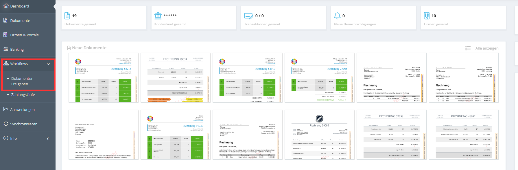 Menü Workflows mit dem Eintrag Dokumentenfreigabe