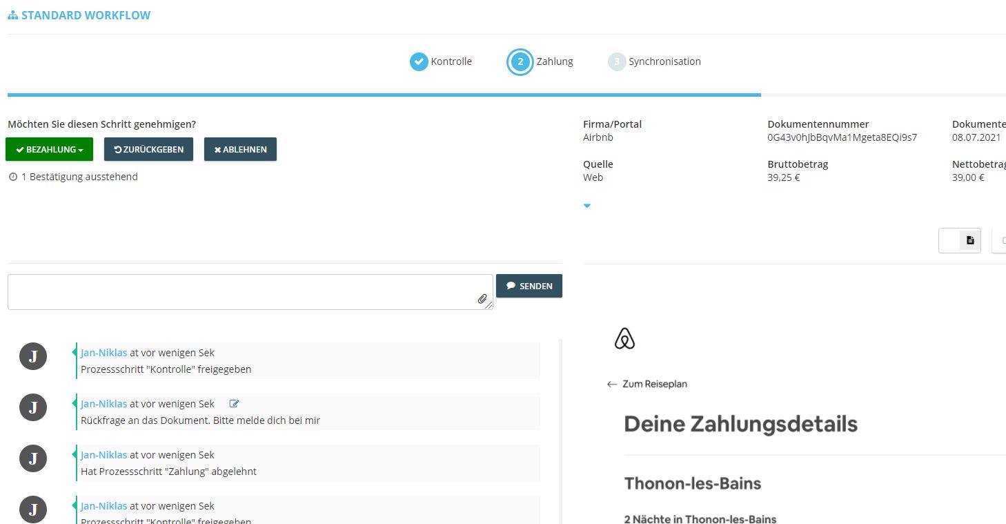 Is it possible to communicate in a workflow and can I return a document? In the workflow, you have the option of communicating on a