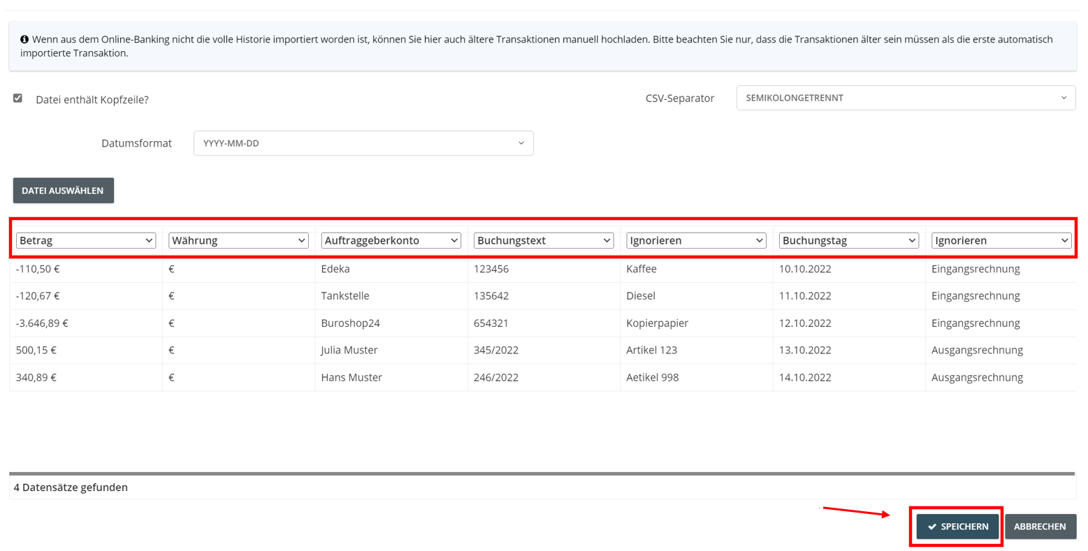 Mappatura delle colonne del file CSV ai campi di GetMyInvoices