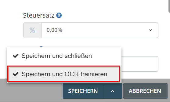 5. A continuación, haz clic en la flecha pequeña del botón «Guardar» y selecciona «Guardar y entrenar OCR». En este caso, los datos