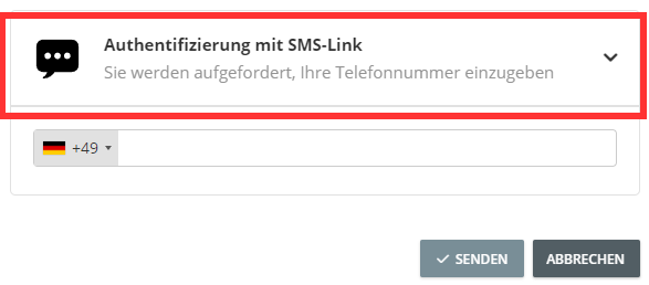 Dialog zur Authentifizierung mit SMS-Link