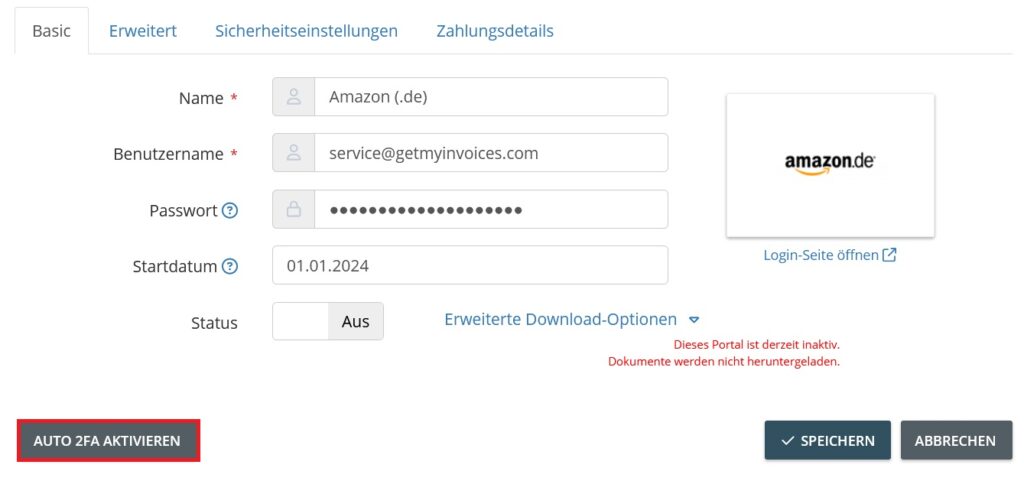 Portaleinstellungen mit der Schaltfläche Auto 2FA aktivieren