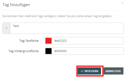 Maschera di inserimento per il nome del tag con selezione del colore