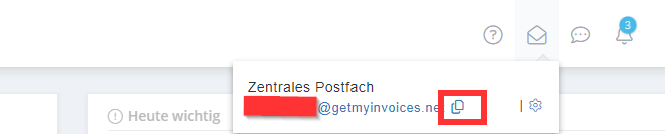 L'icona a forma di busta in alto a destra apre la casella di posta centrale con l'indirizzo e-mail di GetMyInvoices