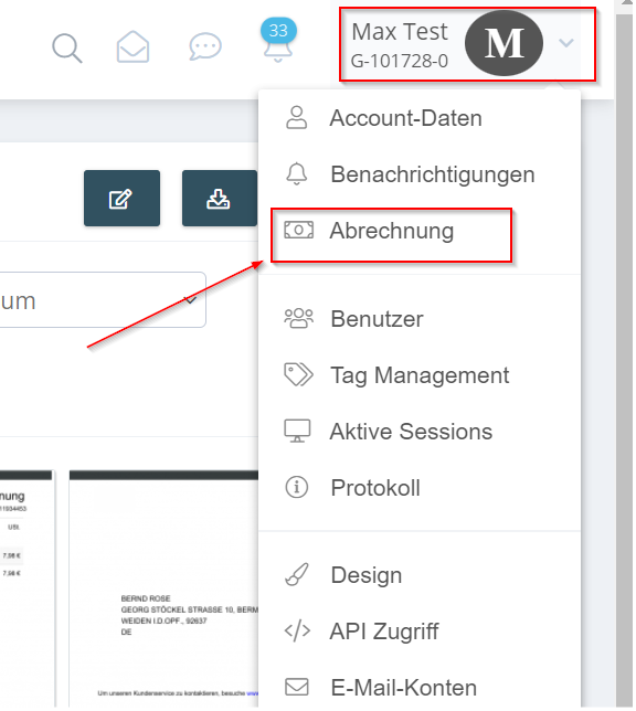 Menu a tendina sotto il nome dell’account con la voce «Fatturazione»