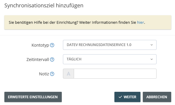 Selezione del tipo di conto DATEV Rechnungsdatenservice 1.0