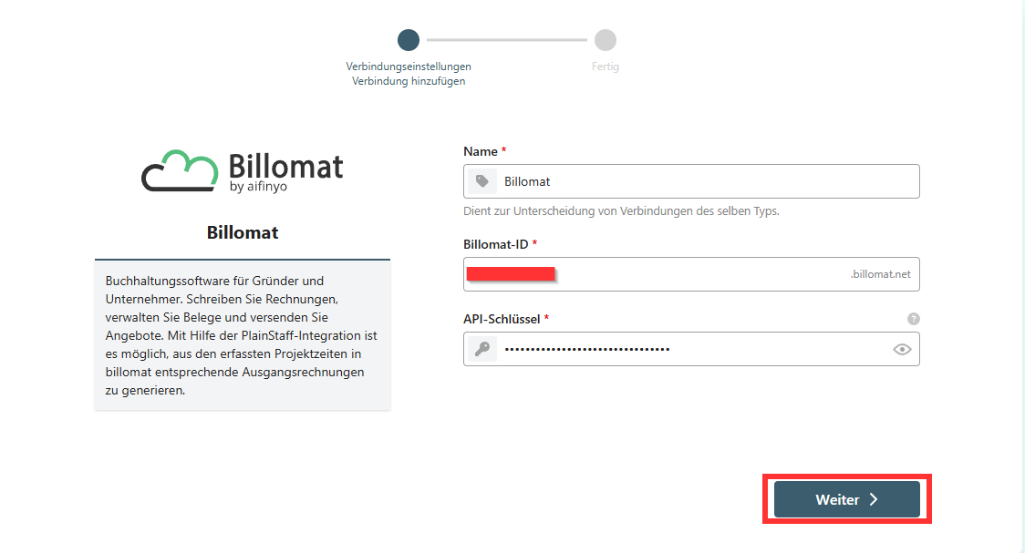 Campi di inserimento per l’ID Billomat e la chiave API