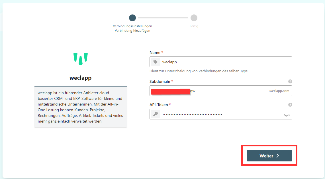 Campi di inserimento per sottodominio e token API