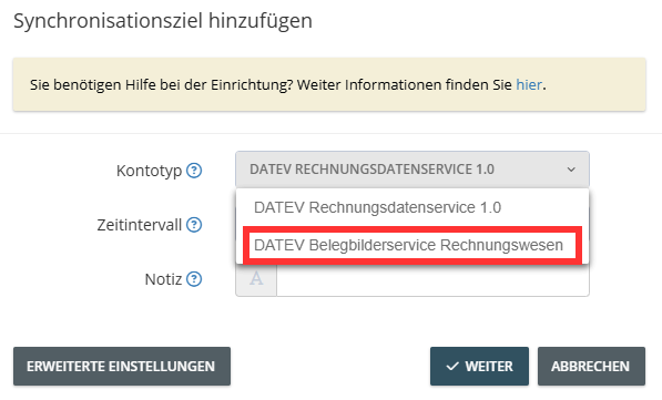 Selezione del tipo di conto nel servizio di immagini dei documenti DATEV per la contabilità