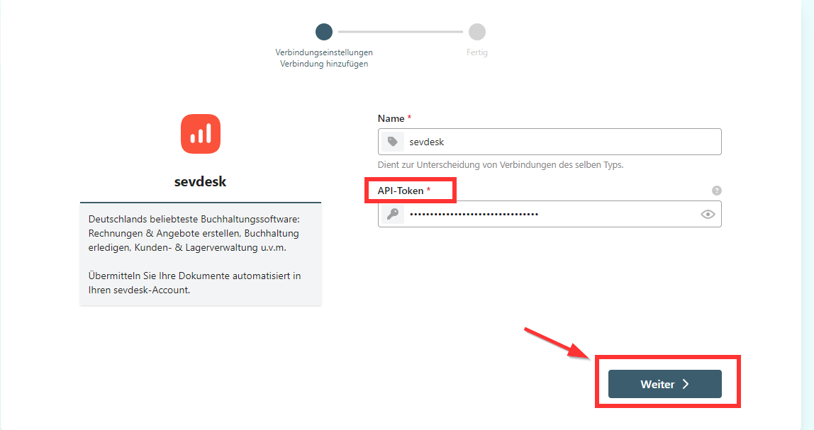 Campo di immissione per il token API di sevDesk