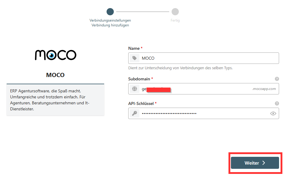 Campi di inserimento per sottodominio e chiave API