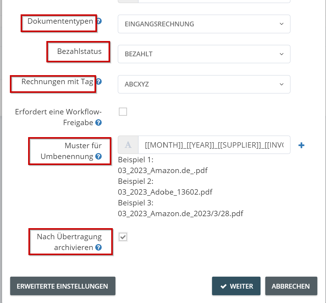 Impostazioni avanzate con tipo di documento, stato di pagamento, filtro per tag e schema di rinominazione