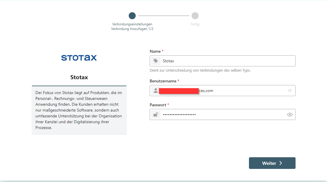 Modulo di inserimento dei dati di accesso a Stotax