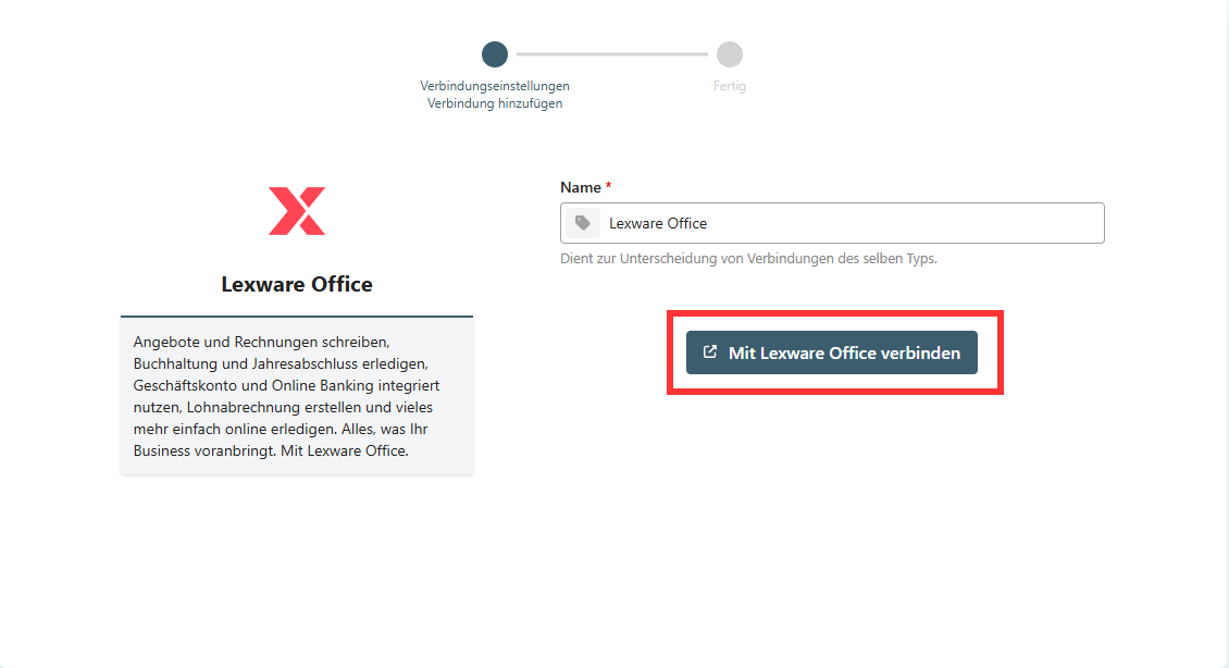 Interfaccia di Pushdocs con l’opzione «Collegare a Lexware Office»