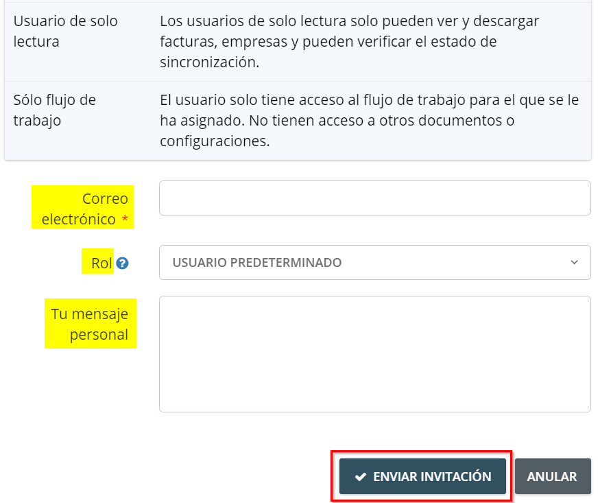3. Introduzca la dirección de correo electrónico del usuario deseado y defina su función en la cuenta. A continuación, haga clic en «Enviar