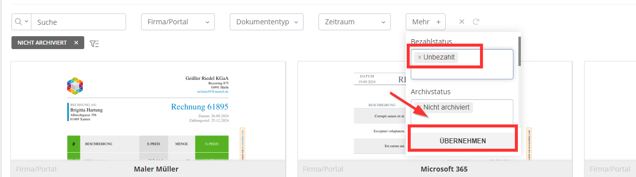 Visualizzazione a elenco con filtro applicato per le fatture non pagate