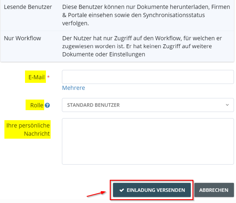 3. Saisissez l’adresse e-mail de l’utilisateur souhaité et définissez son rôle dans le compte. Cliquez ensuite sur « Envoyer l’invitation »