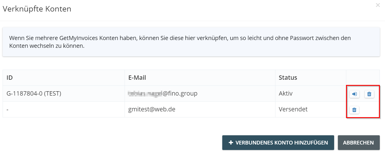 3. on the right, via the icons, you can manage your accounts. You have the option to go directly to an account from here, or delete the