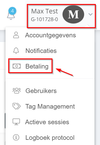 Facturen voor mijn GetMyInvoices-lijn 1. Beweeg de muisaanwijzer naar je accountnaam en klik vervolgens op “Betaling”.