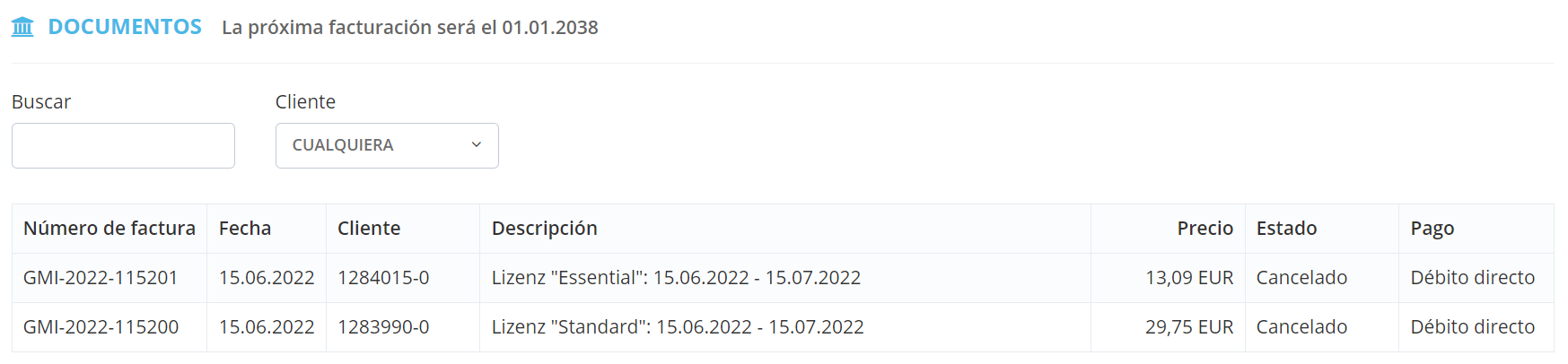 2. Al final de la página encontrará sus facturas en la sección «Documentos». - Facturas para mi línea GetMyInvoices