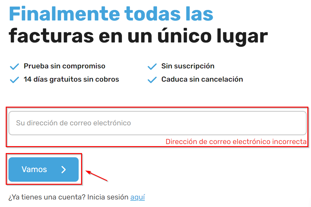 2. Introduzca la dirección de correo electrónico con la que desea crear una cuenta y haga clic en «Vamos». - Crear una cuenta de prueba en