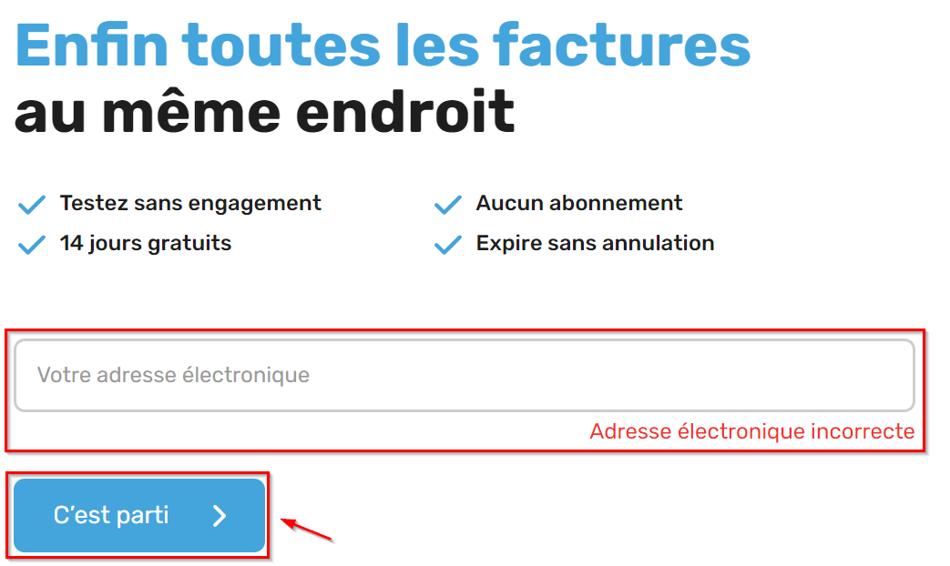 2. indiquez l’adresse e-mail avec laquelle vous souhaitez créer un compte et cliquez ensuite sur « C’est parti ». - Créer un compte de test
