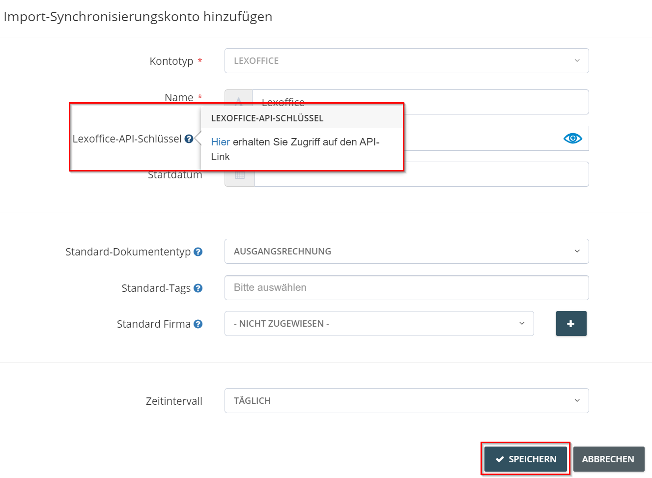Campo di immissione per la chiave API di Lexware Office