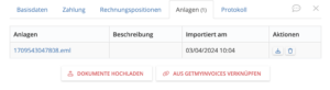 The uploaded .eml file, which is saved together with the HTML invoice, can be found in the “Attachments” tab of the invoice details /