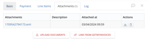 The uploaded .eml file, that is stored along with the HTML invoice, will be stored on the ‘Attachment’ tabs of the invoice details / edit