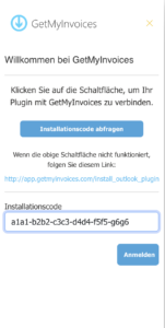 3. Copy your installation code, paste it into the “Installation code” field in Outlook and click on “Log in”. - GetMyInvoices Outlook