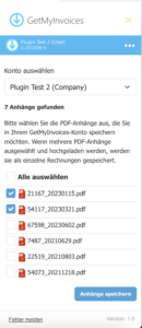 2. Select the desired GetMyInvoices account and the PDF files you want to upload. Click on “Save attachments”. - GetMyInvoices Outlook