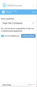 2. Select the GetMyInvoices account to which you want to upload the e-mail invoice. Click on “Save e-mail”. - GetMyInvoices Outlook Add-in
