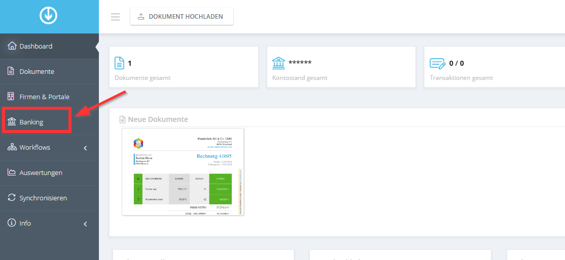 Accesso all’area bancaria nella dashboard