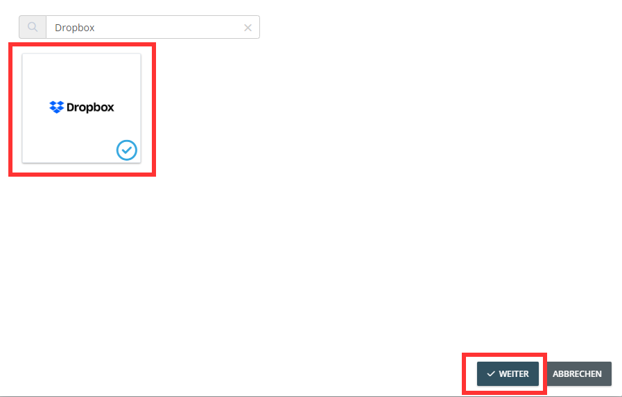 Risultato della ricerca con il riquadro Dropbox