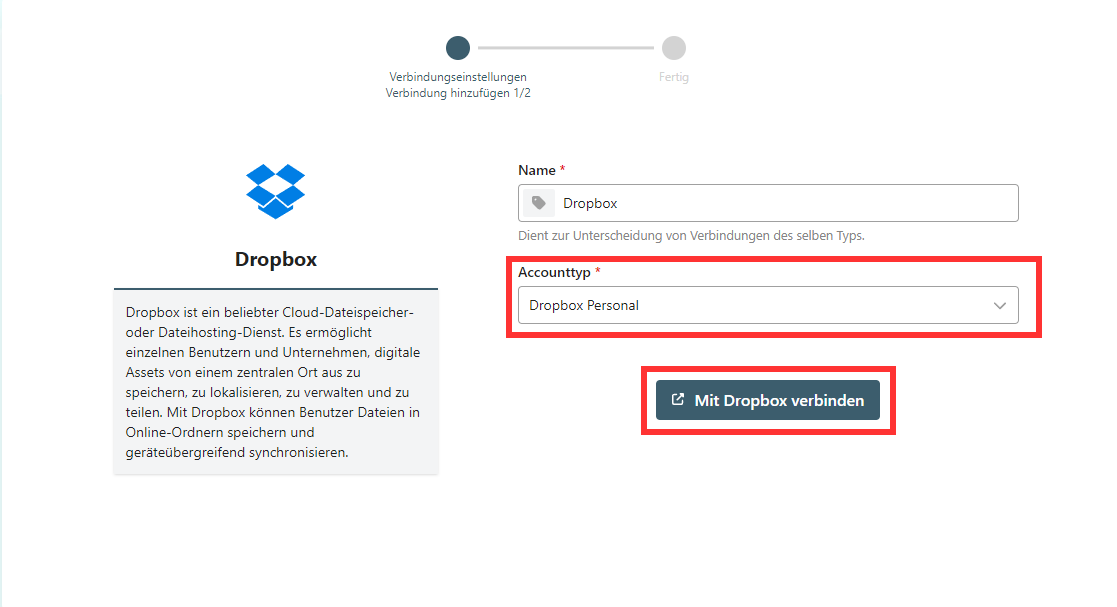 Schermata di configurazione di pushdocs con l’opzione «Collegare a Dropbox»