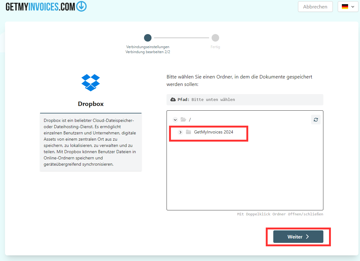 Selezione del percorso di destinazione in Dropbox