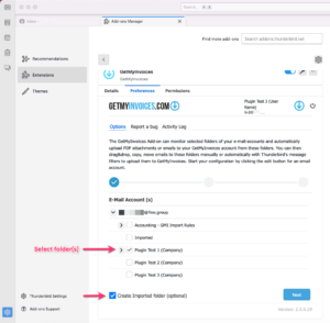 4. If you have selected custom folders, select the folder(s) you’d like to configure. - GetMyInvoices Thunderbird Plugin User Guide